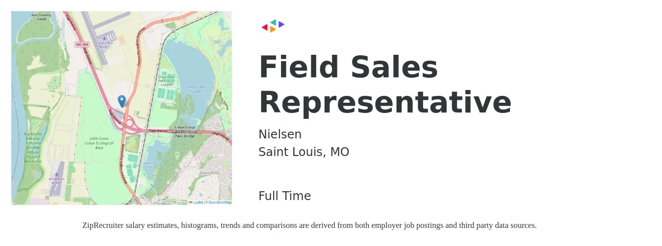Nielsen job posting for a Field Sales Representative in Saint Louis, MO with a salary of $43,500 Yearly and benefits including dental, life_insurance, medical, retirement, and vision with a map of Saint Louis location.