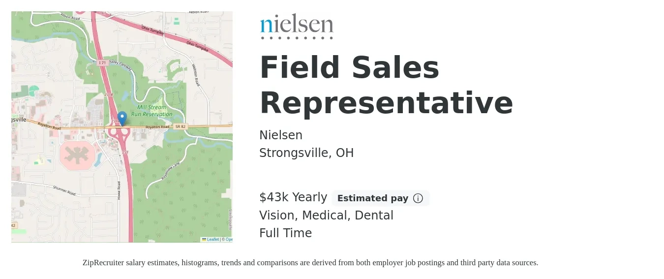 Nielsen job posting for a Field Sales Representative in Strongsville, OH with a salary of $43,500 Yearly (plus commission) and benefits including dental, life_insurance, medical, retirement, and vision with a map of Strongsville location.