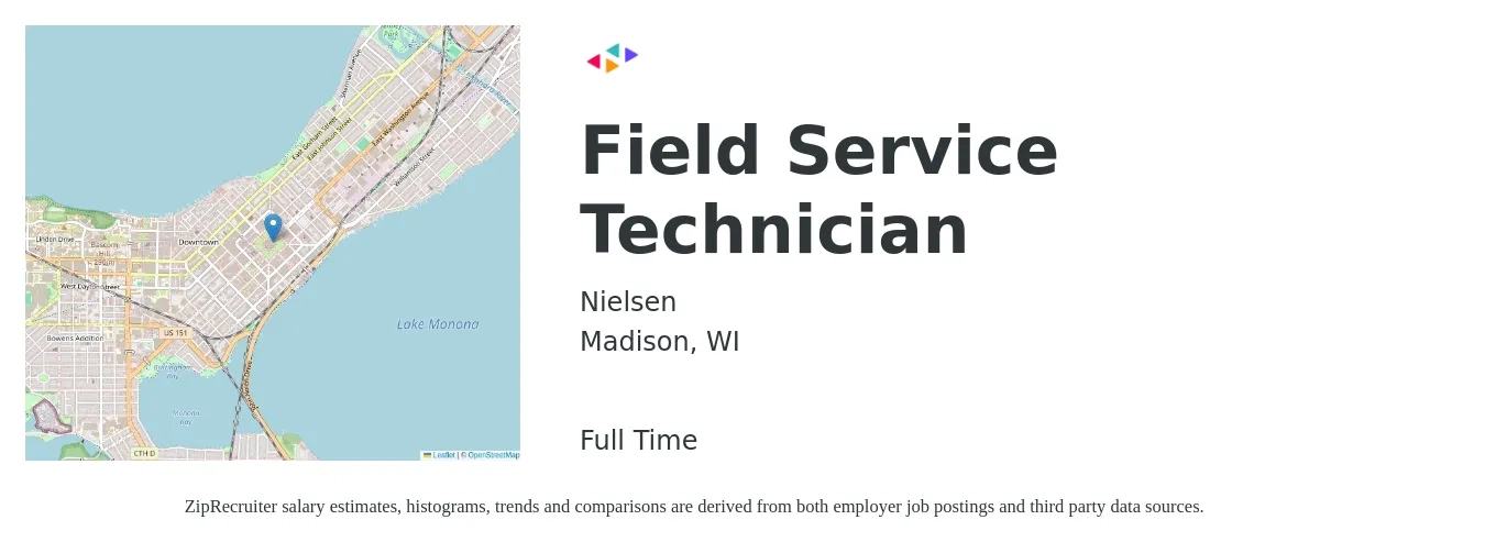Nielsen job posting for a Field Service Technician in Madison, WI with a salary of $42,500 Yearly (plus commission) and benefits including vision, dental, life_insurance, medical, and retirement with a map of Madison location.