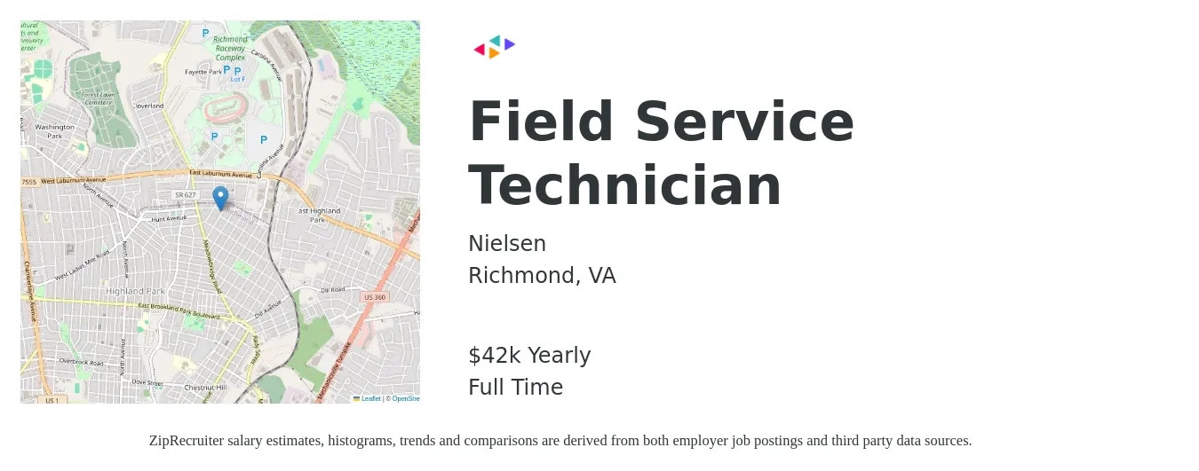 Nielsen job posting for a Field Service Technician in Richmond, VA with a salary of $42,500 Yearly with a map of Richmond location.