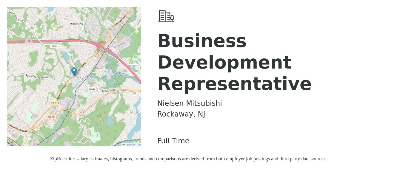 Nielsen Mitsubishi job posting for a Business Development Representative in Rockaway, NJ with a salary of $43,500 to $67,600 Yearly with a map of Rockaway location.