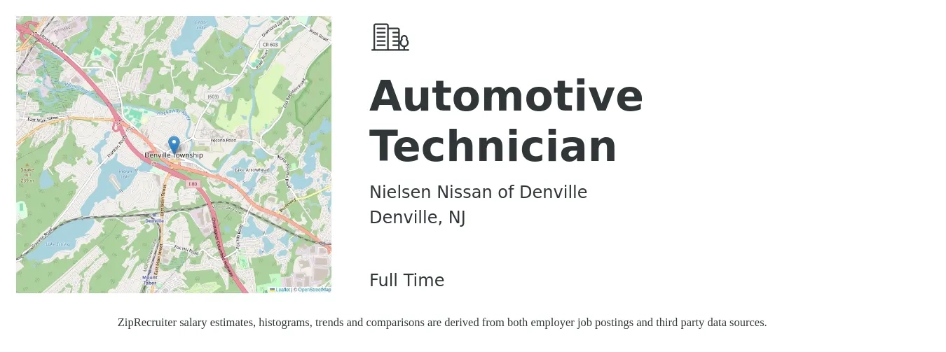 Nielsen Nissan of Denville job posting for a Automotive Technician in Denville, NJ with a salary of $21 to $33 Hourly with a map of Denville location.