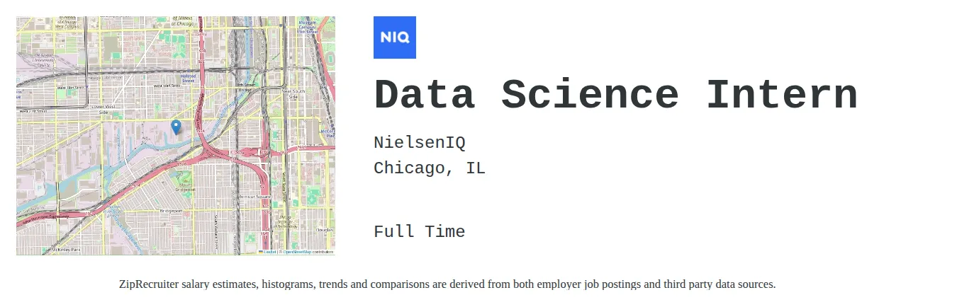 NielsenIQ job posting for a Data Science Intern in Chicago, IL with a salary of $19 to $26 Hourly with a map of Chicago location.