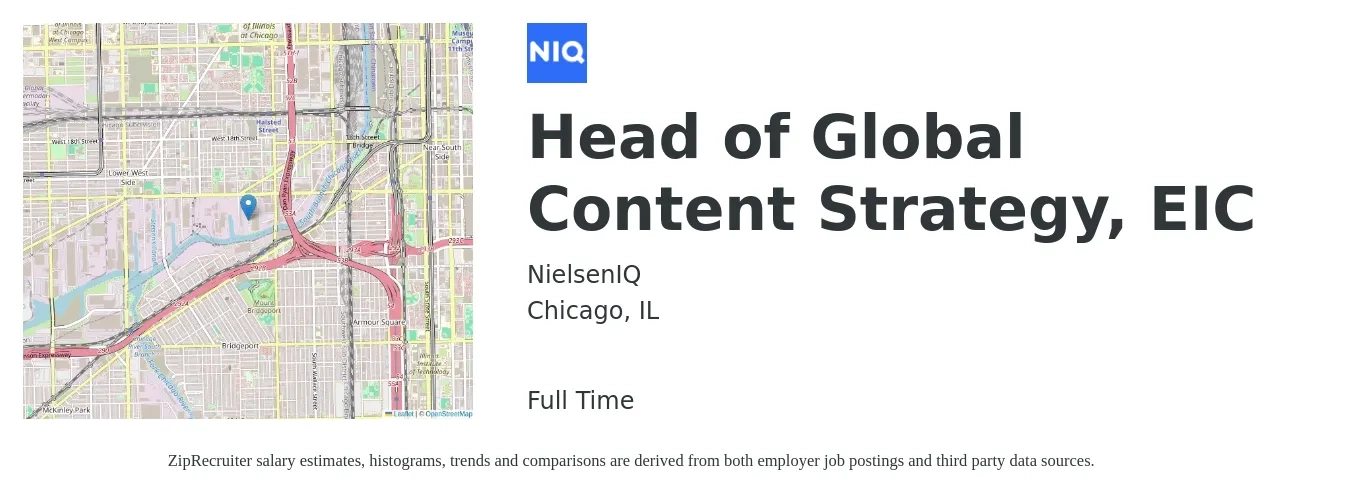 NielsenIQ job posting for a Head of Global Content Strategy, EIC in Chicago, IL with a salary of $83,600 to $161,300 Yearly with a map of Chicago location.