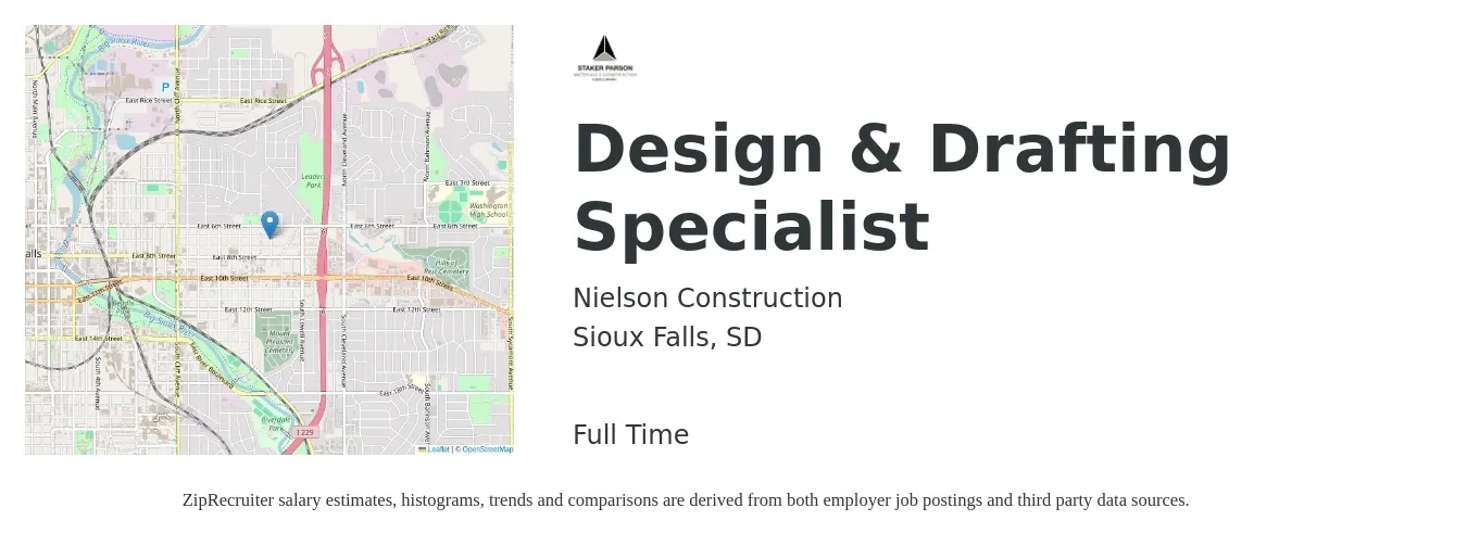 Nielson Construction job posting for a Design & Drafting Specialist in Sioux Falls, SD with a salary of $47,300 to $67,200 Yearly with a map of Sioux Falls location.