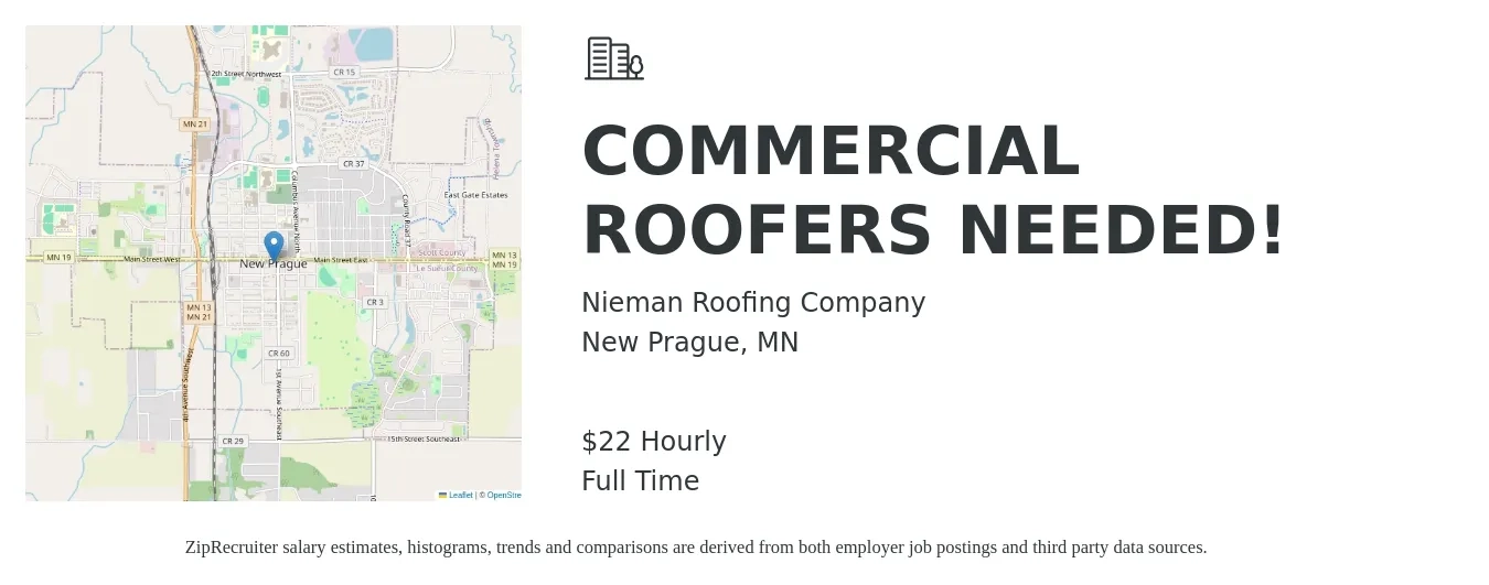 Nieman Roofing Company job posting for a COMMERCIAL ROOFERS NEEDED! in New Prague, MN with a salary of $23 Hourly with a map of New Prague location.