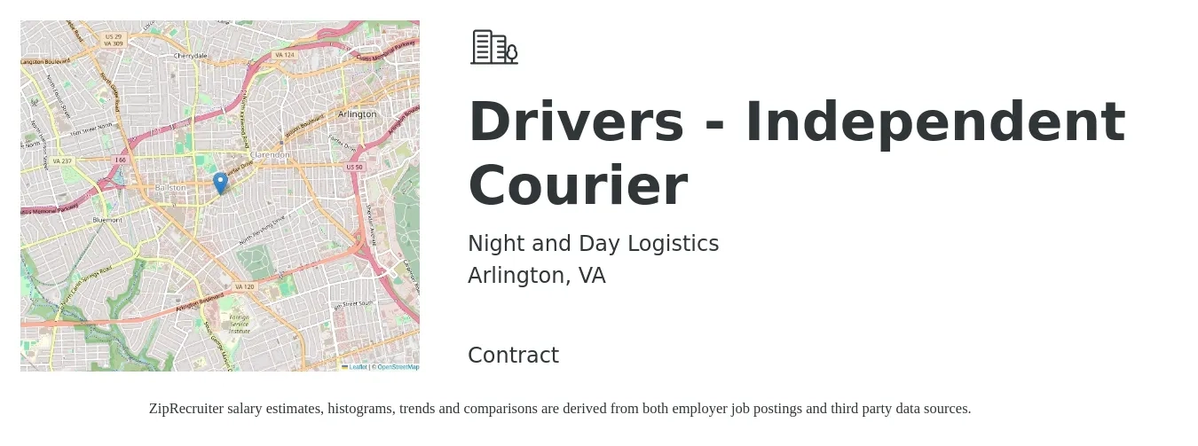 Night and Day Logistics job posting for a Drivers - Independent Courier in Arlington, VA with a salary of $1,300 Weekly with a map of Arlington location.
