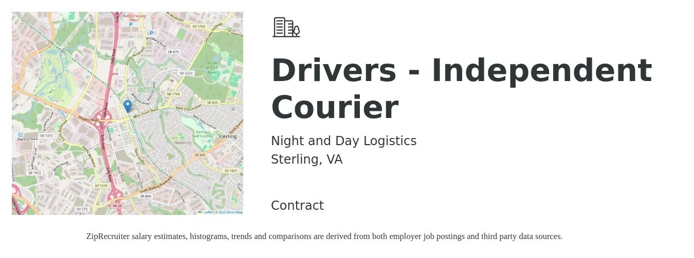 Night and Day Logistics job posting for a Drivers - Independent Courier in Sterling, VA with a salary of $1,300 Weekly with a map of Sterling location.