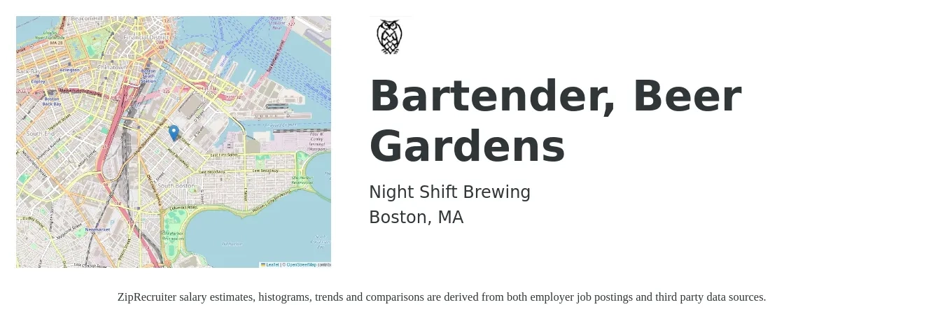 Night Shift Brewing job posting for a Bartender, Beer Gardens in Boston, MA with a salary of $11 to $20 Hourly with a map of Boston location.