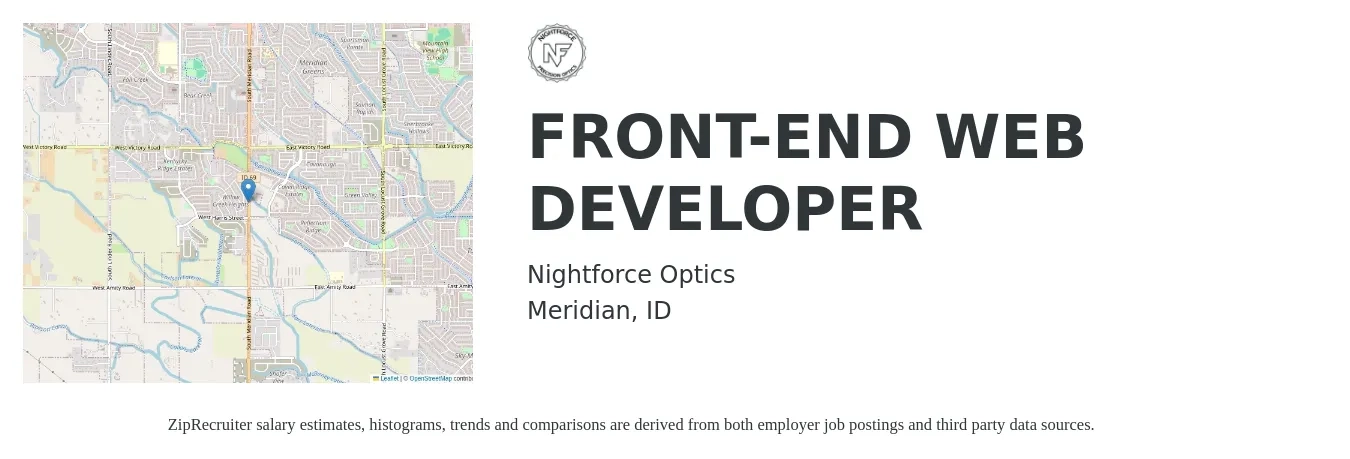 Nightforce Optics job posting for a FRONT-END WEB DEVELOPER in Meridian, ID with a salary of $75,400 to $110,800 Yearly with a map of Meridian location.