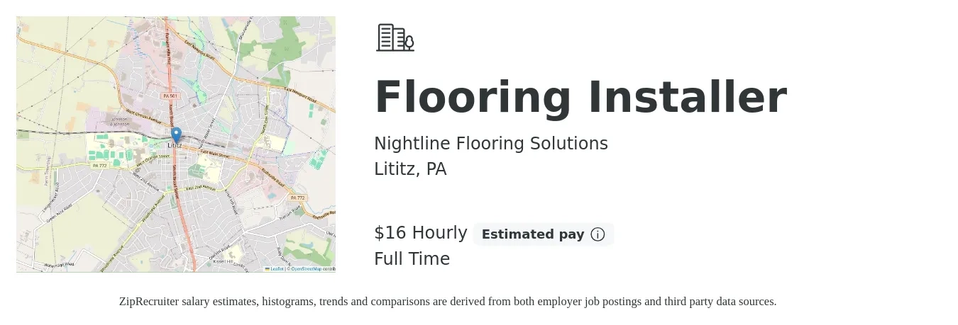 Nightline Flooring Solutions job posting for a Flooring Installer in Lititz, PA with a salary of $17 Hourly and benefits including pto with a map of Lititz location.