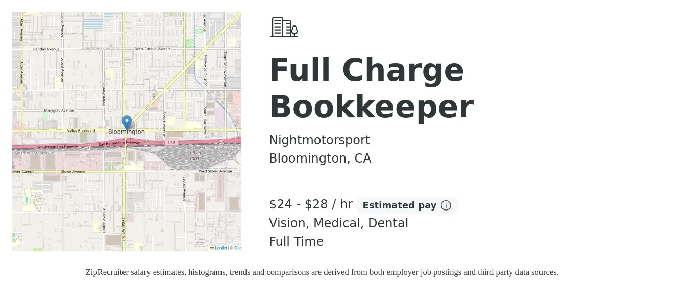 Nightmotorsport job posting for a Full Charge Bookkeeper in Bloomington, CA with a salary of $25 to $30 Hourly and benefits including medical, pto, vision, and dental with a map of Bloomington location.