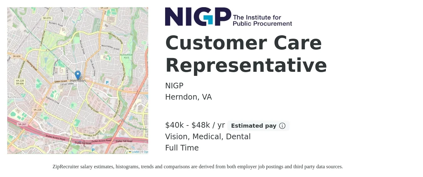 NIGP job posting for a Customer Care Representative in Herndon, VA with a salary of $40,000 to $48,000 Yearly and benefits including medical, retirement, vision, dental, and life_insurance with a map of Herndon location.