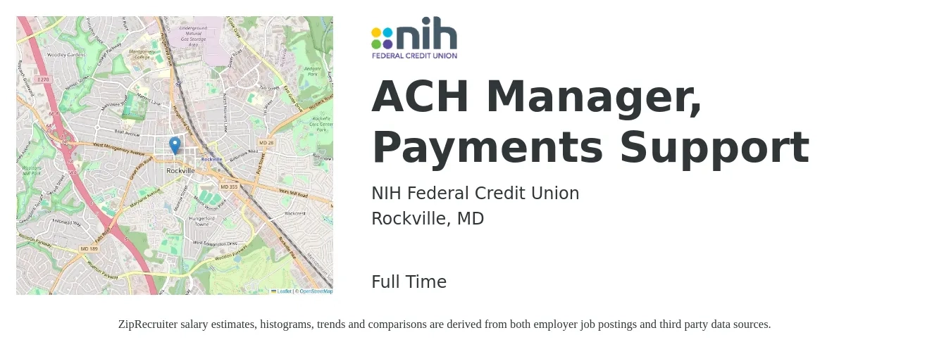 NIH Federal Credit Union job posting for a ACH Manager, Payments Support in Rockville, MD with a salary of $42,800 to $92,800 Yearly with a map of Rockville location.