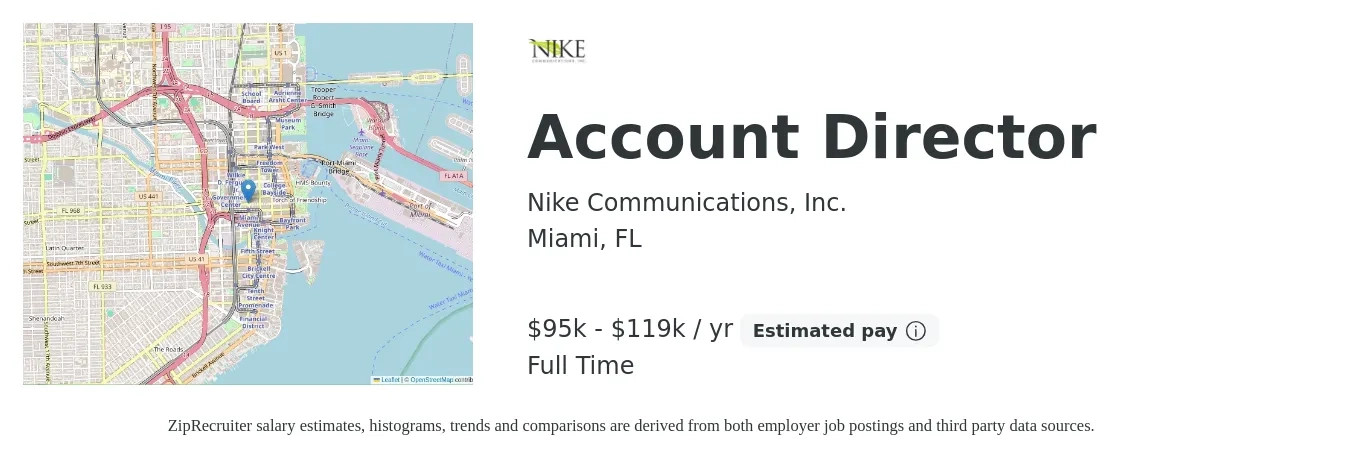 Nike Communications, Inc. job posting for a Account Director in Miami, FL with a salary of $95,000 to $119,999 Yearly with a map of Miami location.