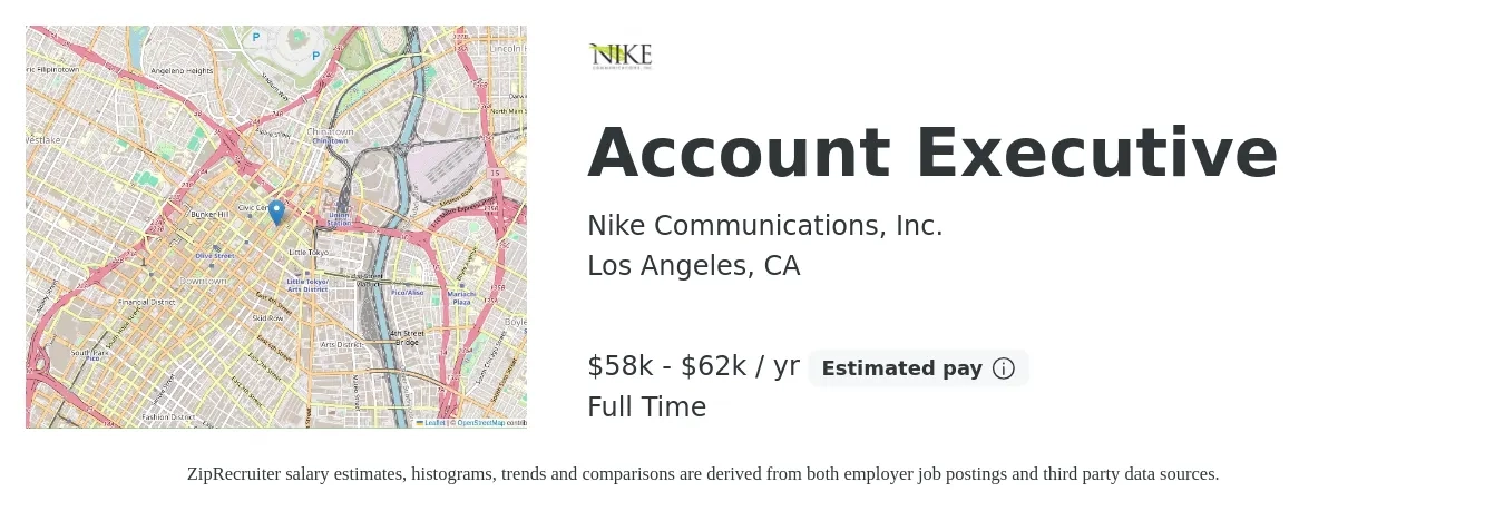Nike Communications, Inc. job posting for a Account Executive in Los Angeles, CA with a salary of $59,000 to $65,000 Yearly with a map of Los Angeles location.