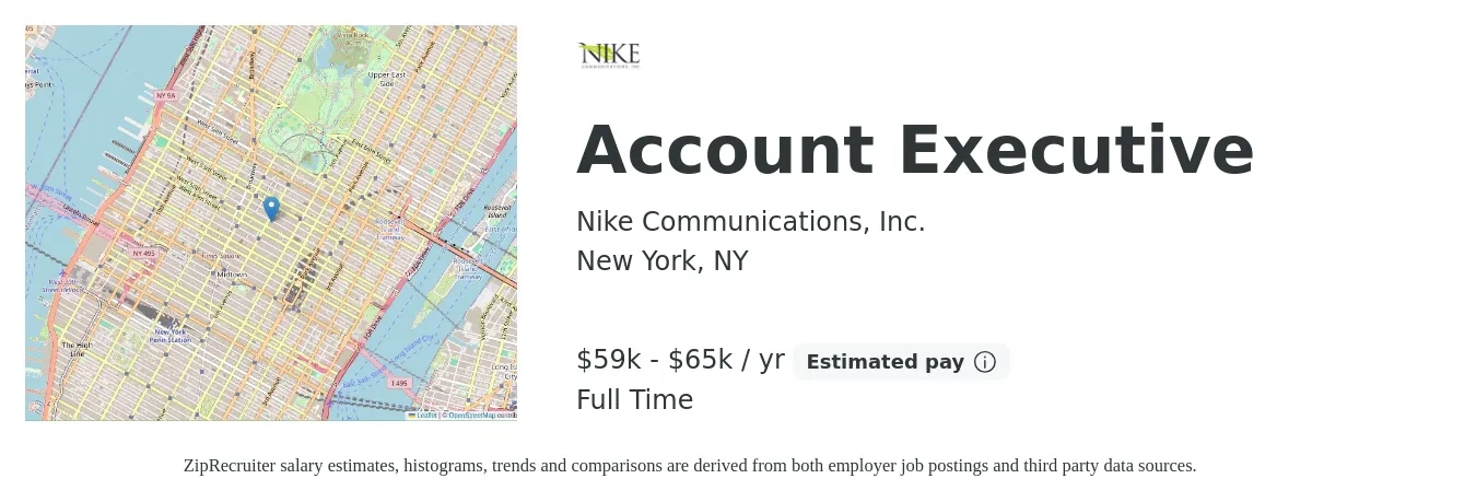 Nike Communications, Inc. job posting for a Account Executive in New York, NY with a salary of $59,000 to $65,000 Yearly with a map of New York location.