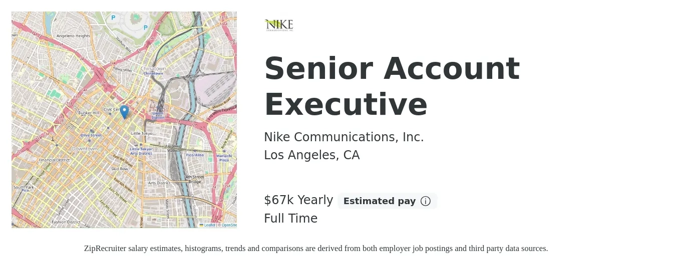Nike Communications, Inc. job posting for a Senior Account Executive in Los Angeles, CA with a salary of $65,000 to $80,000 Yearly with a map of Los Angeles location.