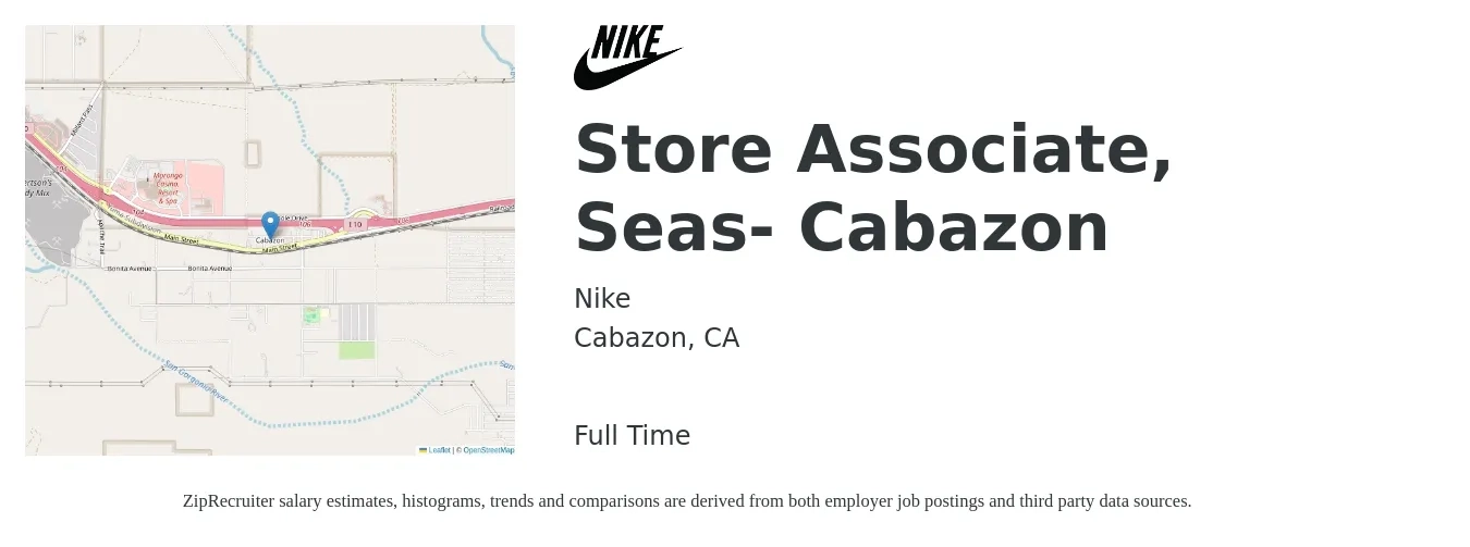 Nike job posting for a Store Associate, Seas- Cabazon in Cabazon, CA with a salary of $18 Hourly with a map of Cabazon location.