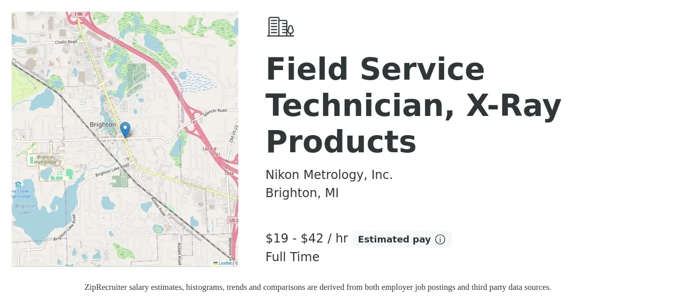 Nikon Metrology, Inc. job posting for a Field Service Technician, X-Ray Products in Brighton, MI with a salary of $20 to $50 Hourly with a map of Brighton location.