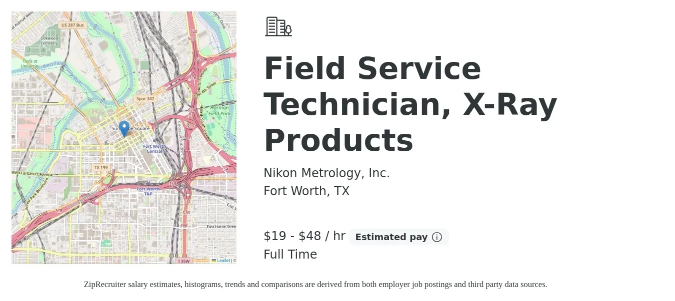 Nikon Metrology, Inc. job posting for a Field Service Technician, X-Ray Products in Fort Worth, TX with a salary of $20 to $50 Hourly with a map of Fort Worth location.