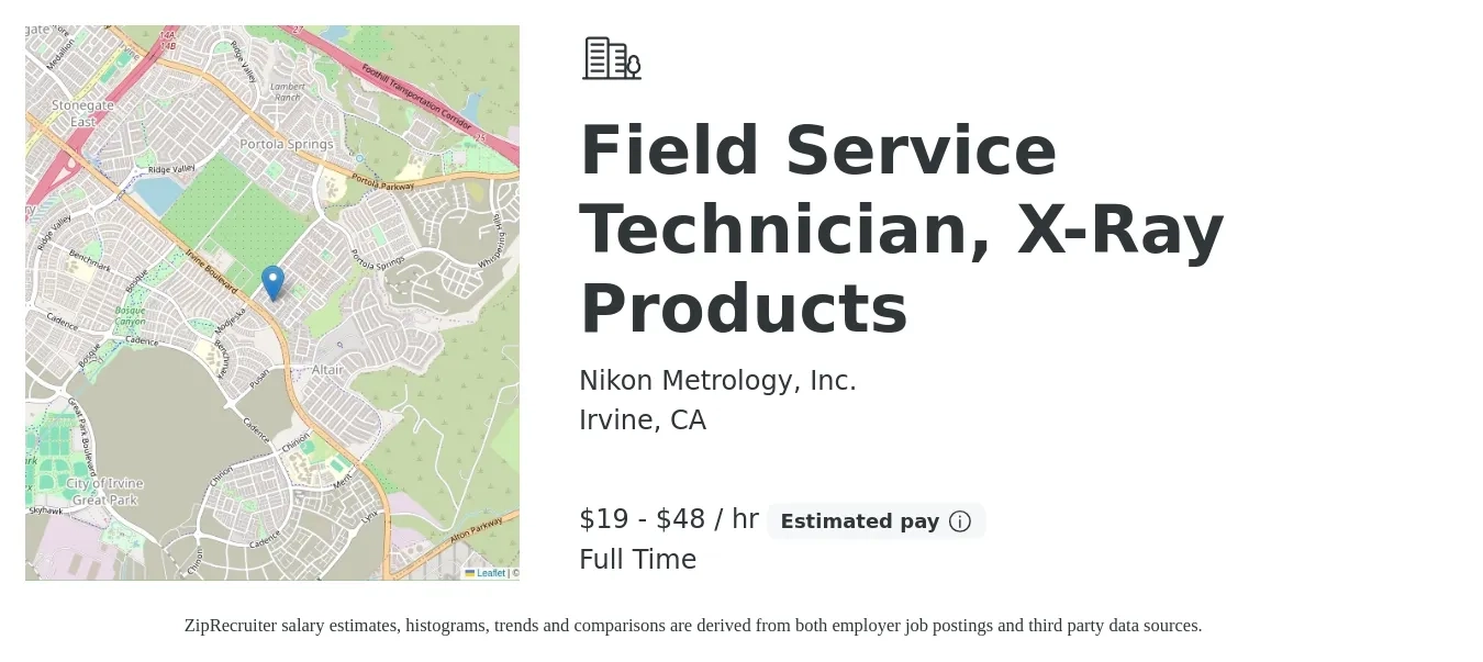 Nikon Metrology, Inc. job posting for a Field Service Technician, X-Ray Products in Irvine, CA with a salary of $20 to $50 Hourly with a map of Irvine location.
