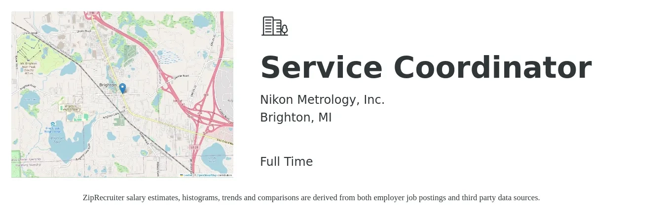 Nikon Metrology, Inc. job posting for a Service Coordinator in Brighton, MI with a salary of $19 to $24 Hourly with a map of Brighton location.