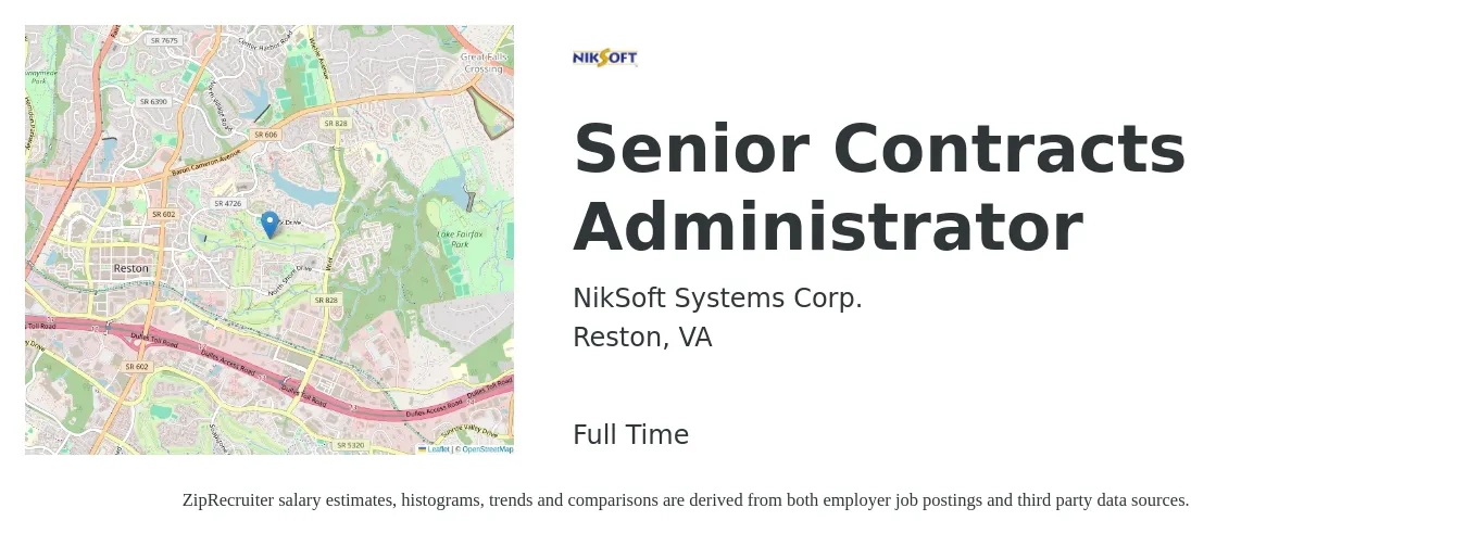 NikSoft Systems Corp. job posting for a Senior Contracts Administrator in Reston, VA with a salary of $79,700 to $112,000 Yearly with a map of Reston location.