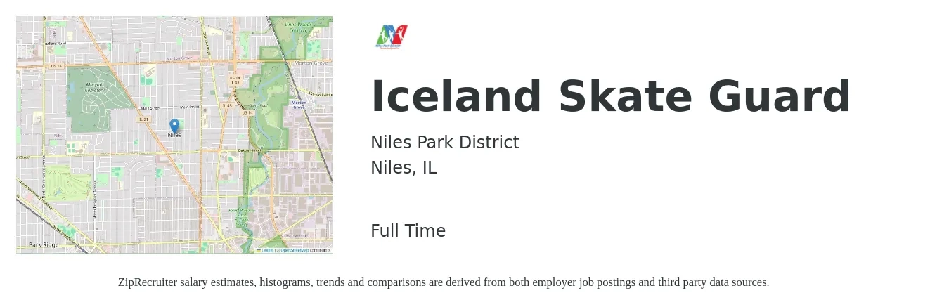 Niles Park District job posting for a Iceland Skate Guard in Niles, IL with a salary of $15 to $18 Hourly with a map of Niles location.