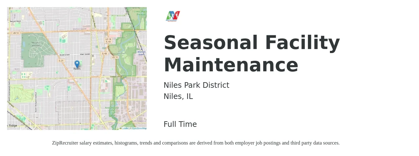 Niles Park District job posting for a Seasonal Facility Maintenance in Niles, IL with a salary of $18 to $25 Hourly with a map of Niles location.