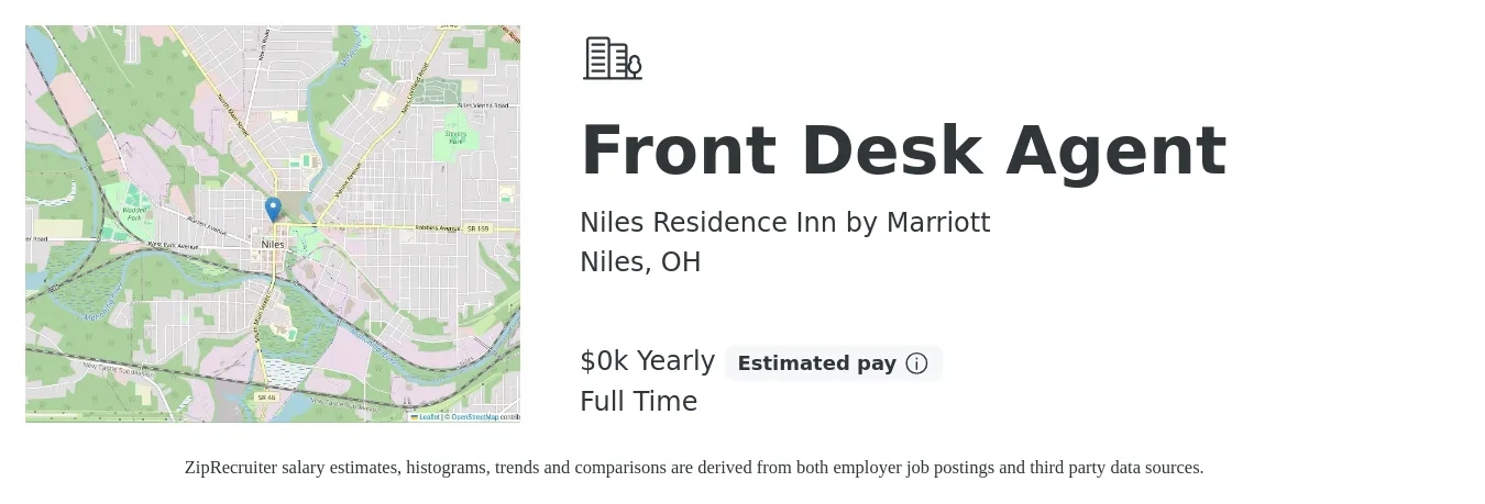 Niles Residence Inn by Marriott job posting for a Front Desk Agent in Niles, OH with a salary of $12 to $14 Yearly with a map of Niles location.