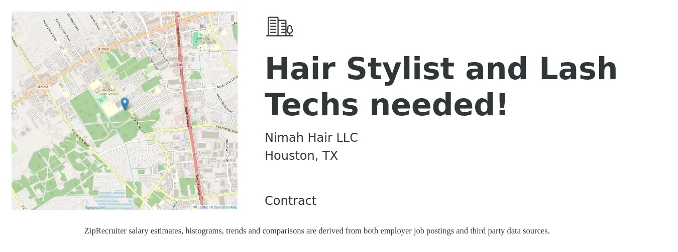 Nimah Hair LLC job posting for a Hair Stylist and Lash Techs needed! in Houston, TX with a salary of $16 to $24 Hourly with a map of Houston location.
