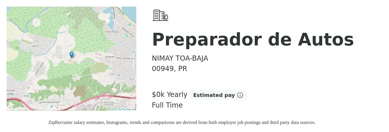 NIMAY TOA-BAJA job posting for a Preparador de Autos in 00949, PR with a salary of $10 Yearly with a map of 00949 location.