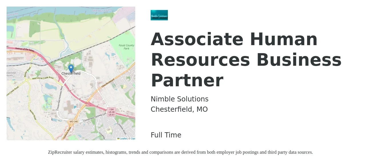 Nimble Solutions job posting for a Associate Human Resources Business Partner in Chesterfield, MO with a salary of $71,300 to $101,400 Yearly with a map of Chesterfield location.