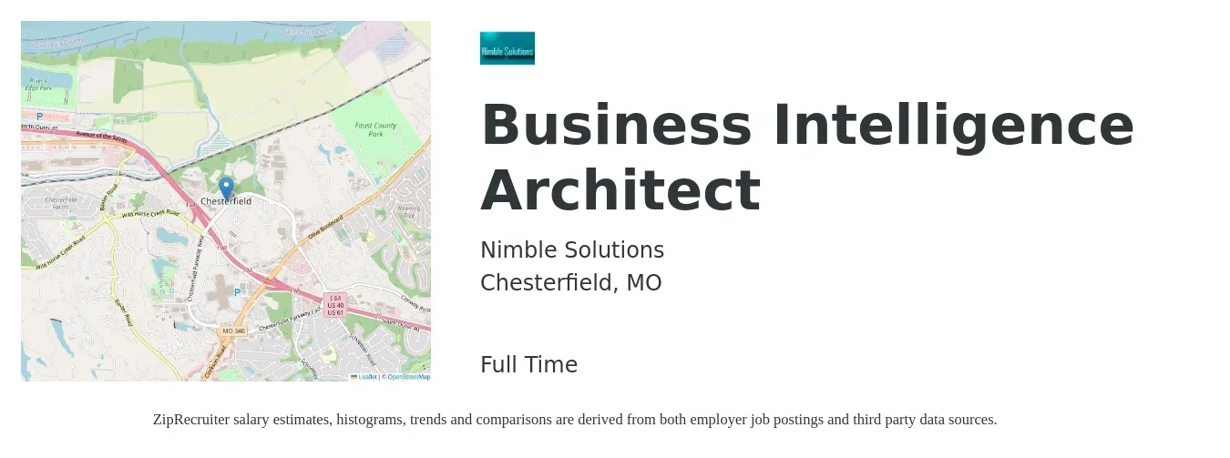 Nimble Solutions job posting for a Business Intelligence Architect in Chesterfield, MO with a salary of $61 to $81 Hourly with a map of Chesterfield location.