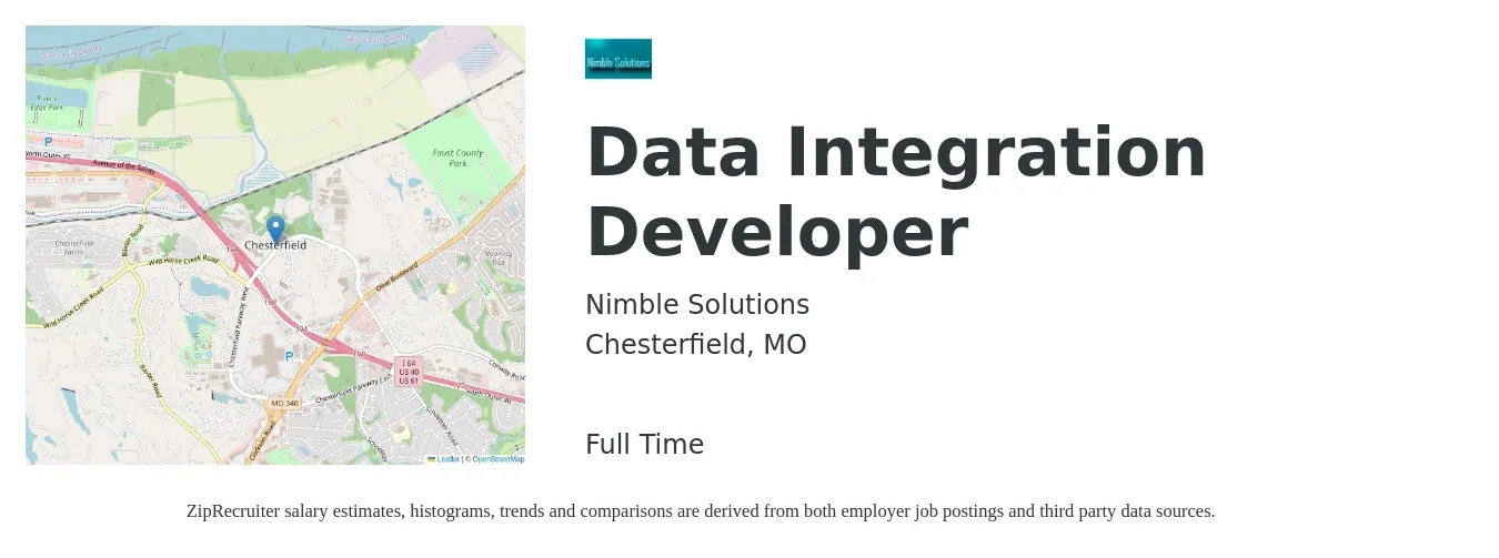 Nimble Solutions job posting for a Data Integration Developer in Chesterfield, MO with a salary of $45 to $60 Hourly with a map of Chesterfield location.
