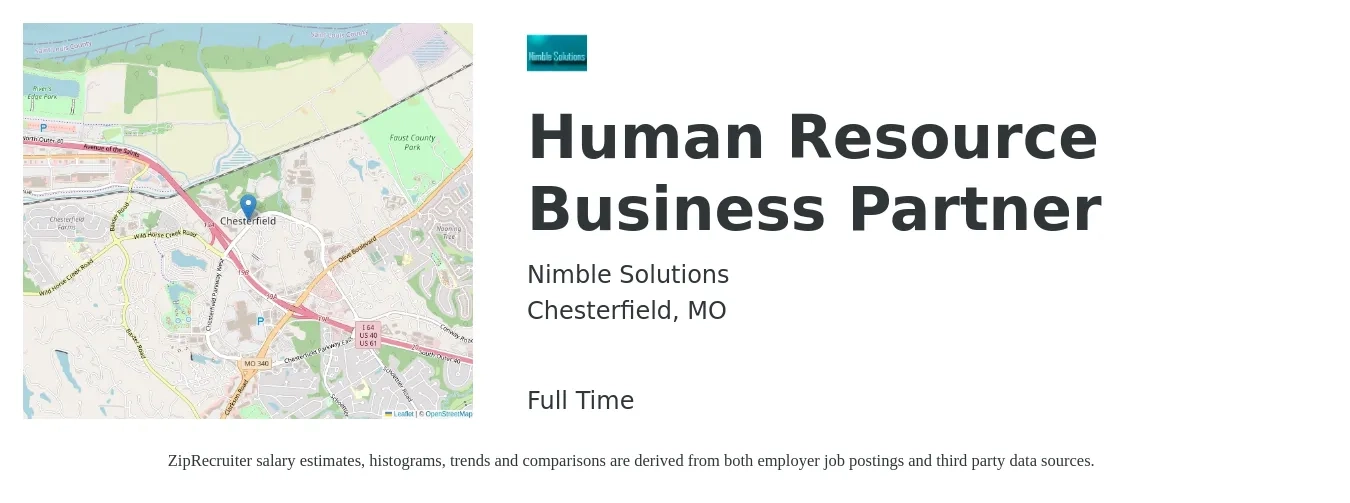 Nimble Solutions job posting for a Human Resource Business Partner in Chesterfield, MO with a salary of $71,300 to $101,400 Yearly with a map of Chesterfield location.