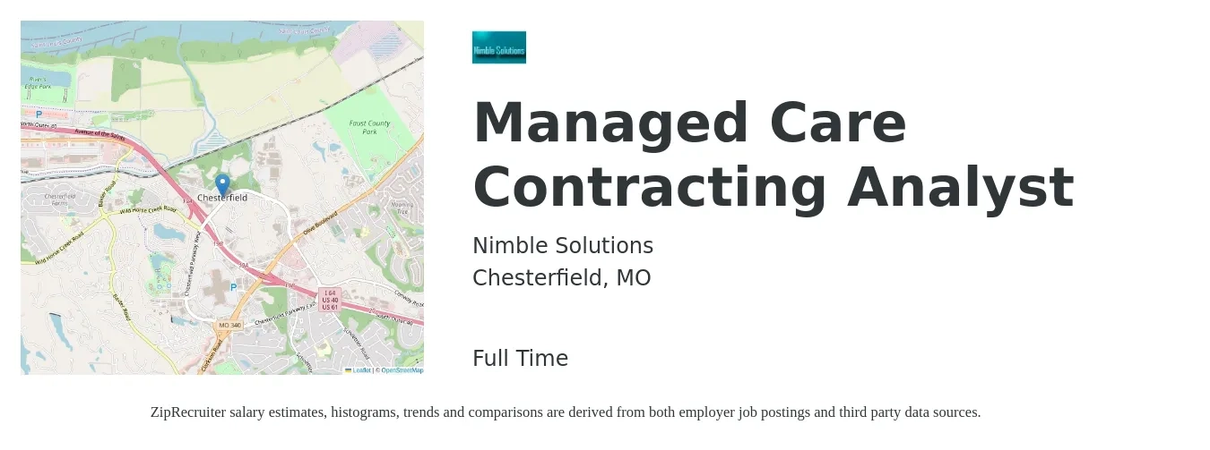 Nimble Solutions job posting for a Managed Care Contracting Analyst in Chesterfield, MO with a salary of $19 to $31 Hourly with a map of Chesterfield location.
