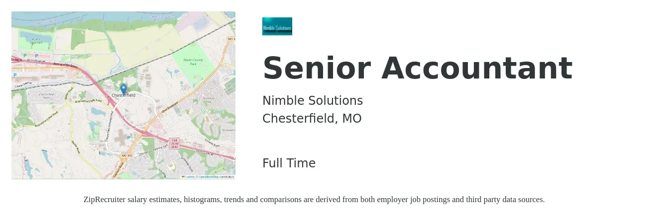 Nimble Solutions job posting for a Senior Accountant in Chesterfield, MO with a salary of $73,200 to $92,000 Yearly with a map of Chesterfield location.