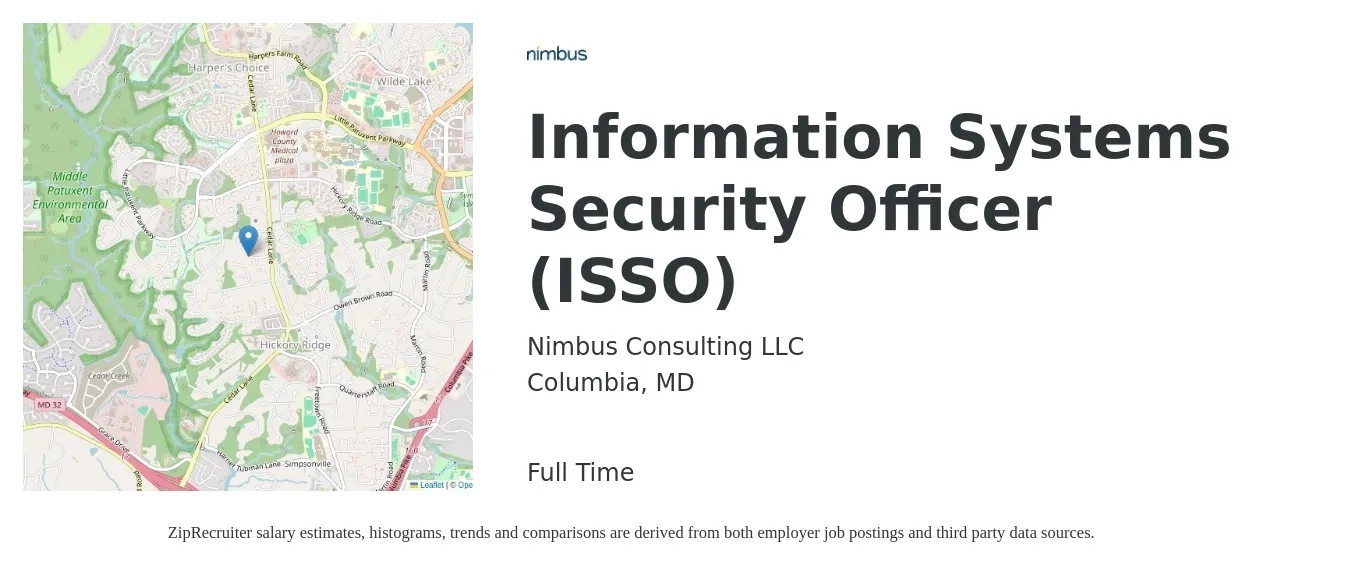 Nimbus Consulting LLC job posting for a Information Systems Security Officer (ISSO) in Columbia, MD with a salary of $136,000 Yearly with a map of Columbia location.