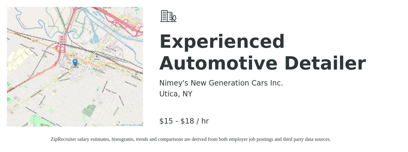 Nimey's New Generation Cars Inc. job posting for a Experienced Automotive Detailer in Utica, NY with a salary of $16 to $19 Hourly with a map of Utica location.