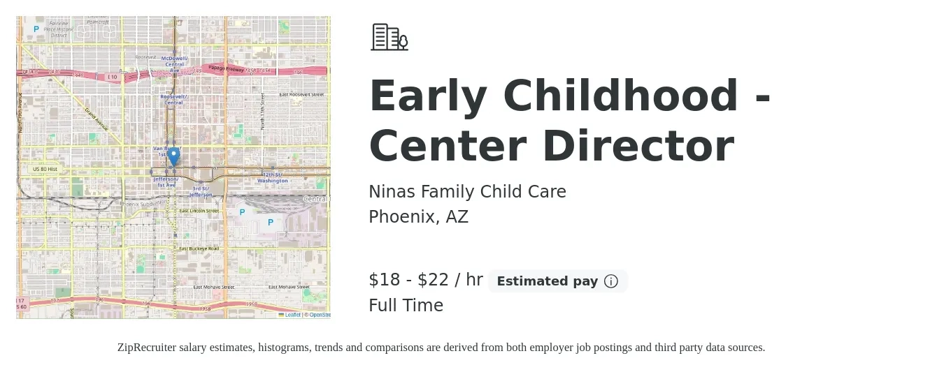 Ninas Family Child Care job posting for a Early Childhood - Center Director in Phoenix, AZ with a salary of $19 to $23 Hourly with a map of Phoenix location.
