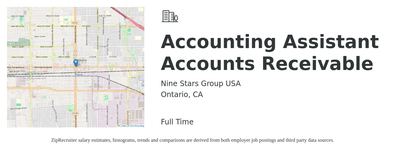 Nine Stars Group USA job posting for a Accounting Assistant Accounts Receivable in Ontario, CA with a salary of $18 to $26 Hourly and benefits including dental, medical, and vision with a map of Ontario location.