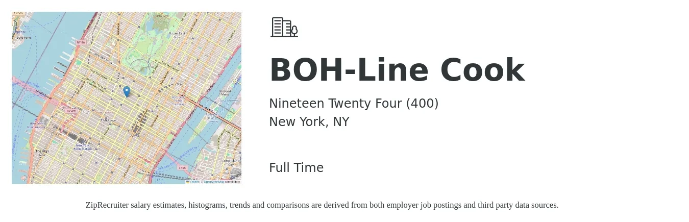 Nineteen Twenty Four (400) job posting for a BOH-Line Cook in New York, NY with a salary of $16 to $21 Hourly with a map of New York location.