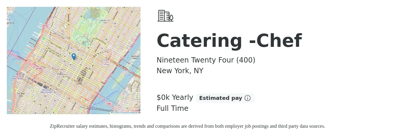 Nineteen Twenty Four (400) job posting for a Catering -Chef in New York, NY with a salary of $73 to $75 Yearly with a map of New York location.