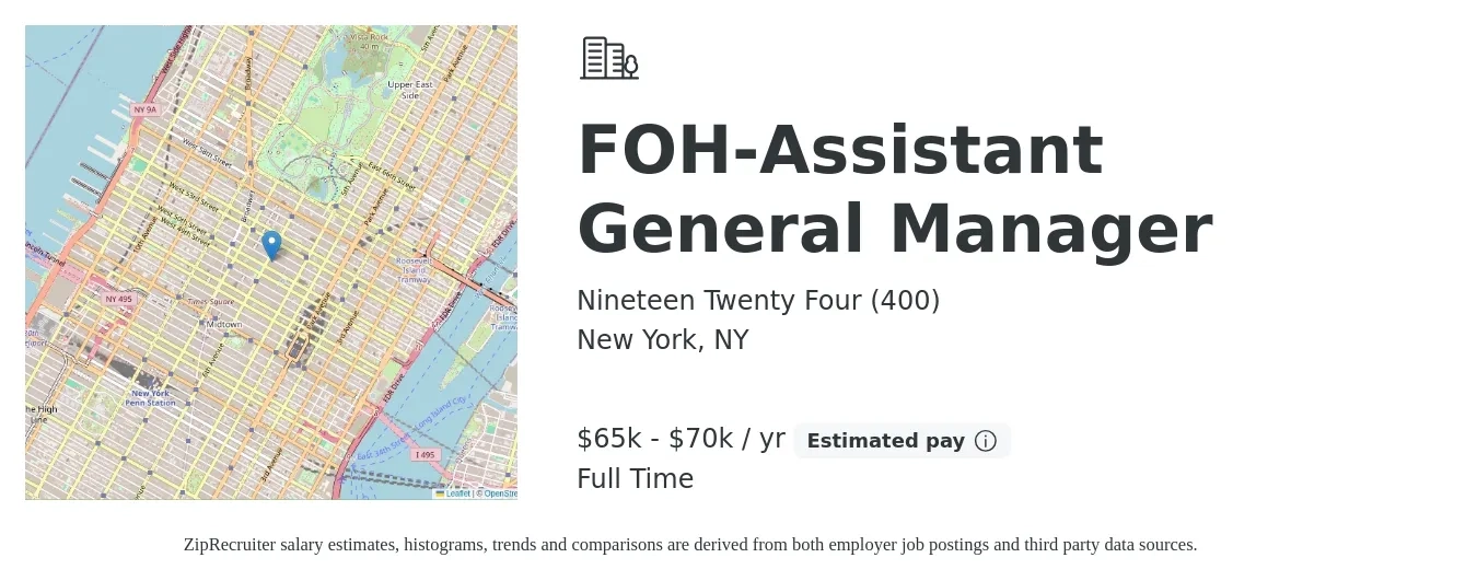 Nineteen Twenty Four (400) job posting for a FOH-Assistant General Manager in New York, NY with a salary of $65,000 to $70,000 Yearly with a map of New York location.