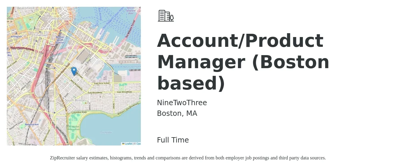 NineTwoThree job posting for a Account/Product Manager (Boston based) in Boston, MA with a salary of $52,100 to $85,300 Yearly with a map of Boston location.