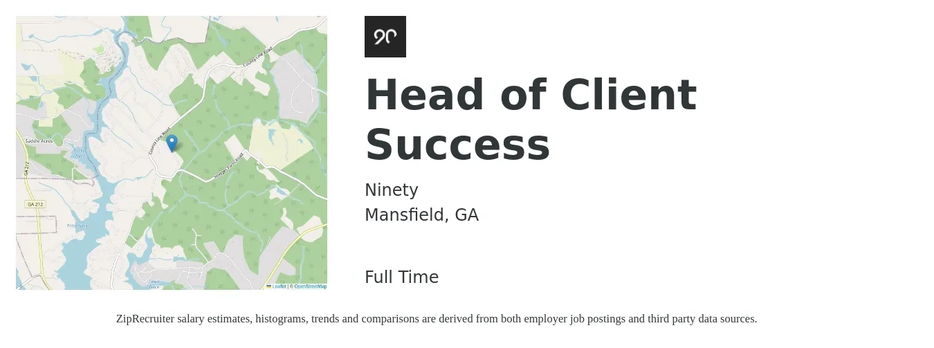 Ninety job posting for a Head of Client Success in Mansfield, GA with a salary of $88,100 to $134,300 Yearly with a map of Mansfield location.