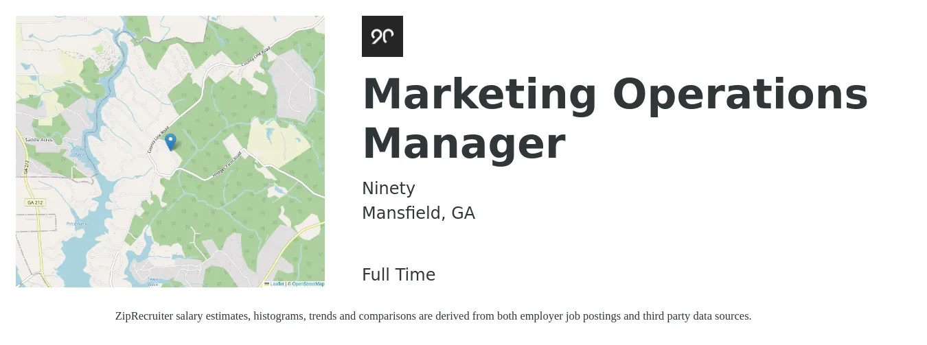Ninety job posting for a Marketing Operations Manager in Mansfield, GA with a salary of $66,500 to $116,800 Yearly with a map of Mansfield location.
