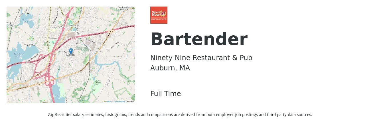 Ninety Nine Restaurant & Pub job posting for a Bartender in Auburn, MA with a salary of $10 to $19 Hourly with a map of Auburn location.